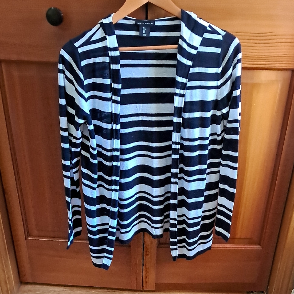Willi Smith Navy and White Striped Open Cardigan
